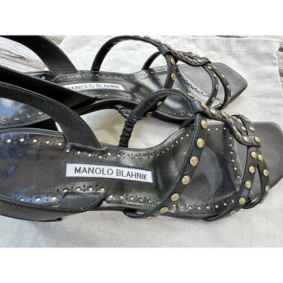 MANOLO BLAHNIK Luce Black Leather T-Strap Sandal, 50mm, 38 Retail $845 - Picture 2 of 10